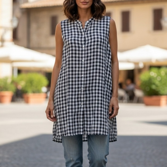 Eileen Fisher Tops - Eileen Fisher Organic Linen Gingham Tunic Shirt Large Black White Coastal